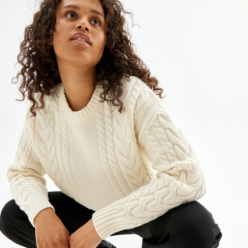 Wool cable round neck sweater, Ivory, hi-res